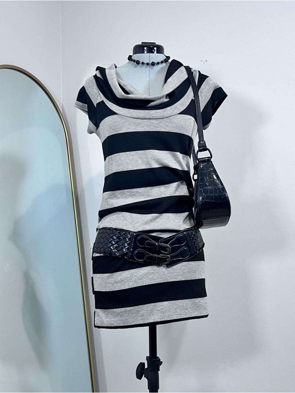 Y2K Black/Grey Striped Cowl Neck Mini Dress With Belt Detail.